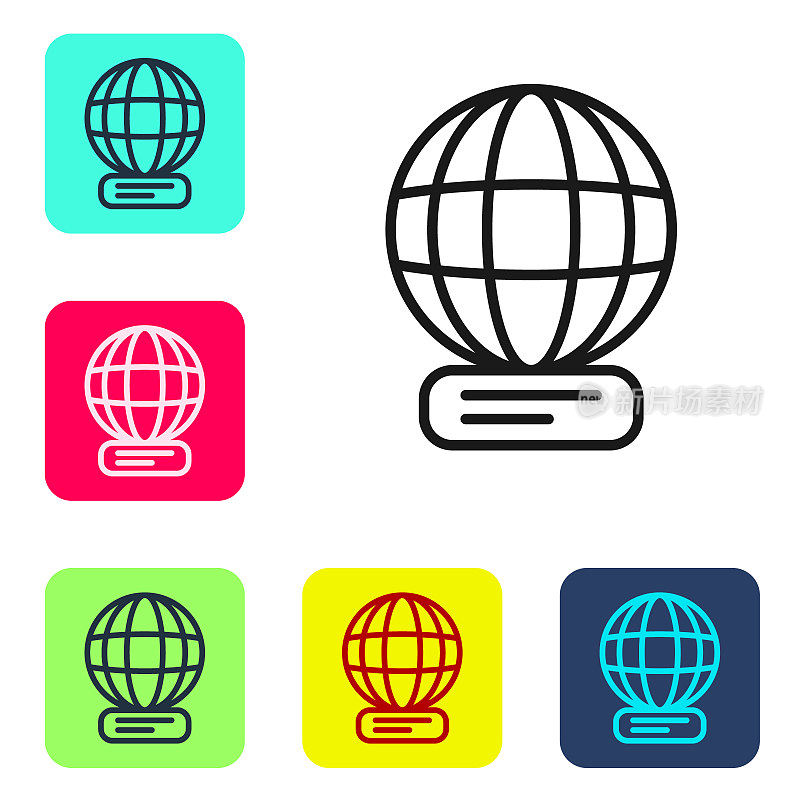 Black line Worldwide icon isolated on white background. Pin on globe. Set icons in color square buttons. Vector
